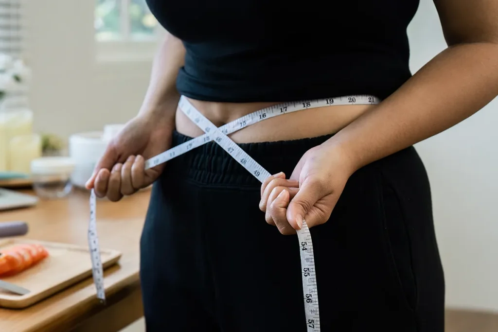 overweight-asian-woman-measuring-her-hip with tape measure